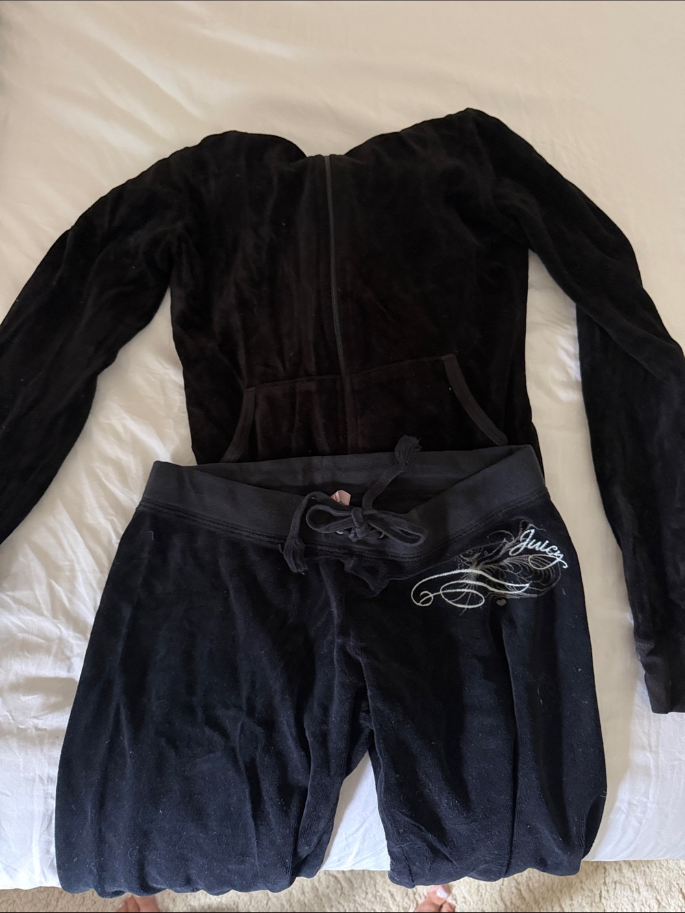 Juicy Couture Black Velour Track Pants and Zip Hoodie Set